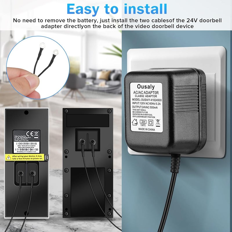 Ousaly 24 Volt 500MA Transformer C Wire Adapter Doorbell Transformer Competible with 16-24Volt All Versions of Ring Doorbell and Thermostat for Nest Ecobee, Sensi and Honeywell (26.2FT Black) - Image 2